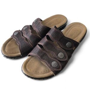 Vintage Y2k Chunky Leather Brown Fisherman Sandal Cottage Gypsy Hobo Boho Flower